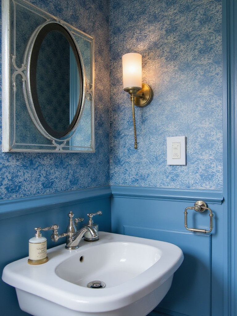 Bold blue accent wall in a stylish bathroom with modern fixtures