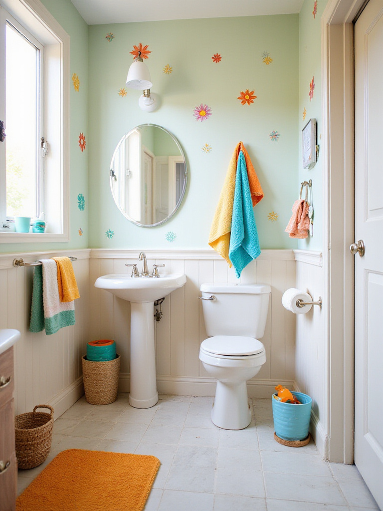 Colorful and playful kids' bathroom design with safe and functional features.