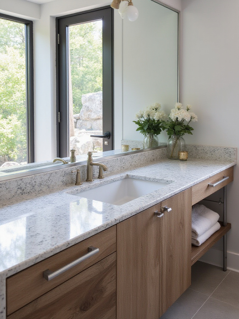 Modern bathroom with quartz countertop featuring intricate patterns and a seamless undermount sink.