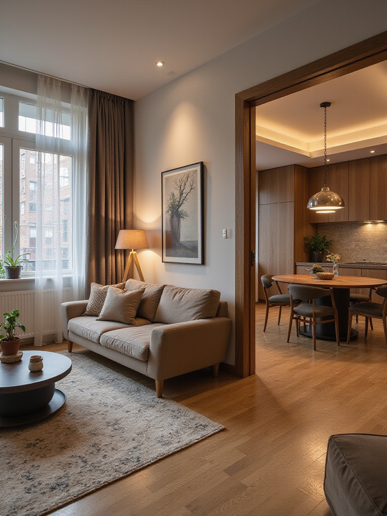 Open-concept apartment with defined zones using furniture placement