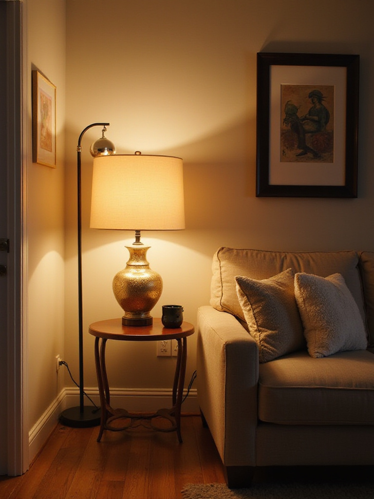 Living room with layered lighting solutions including floor and table lamps