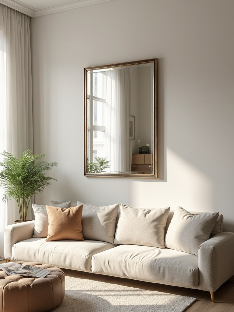 Living room with strategically placed mirror reflecting light and enhancing spaciousness