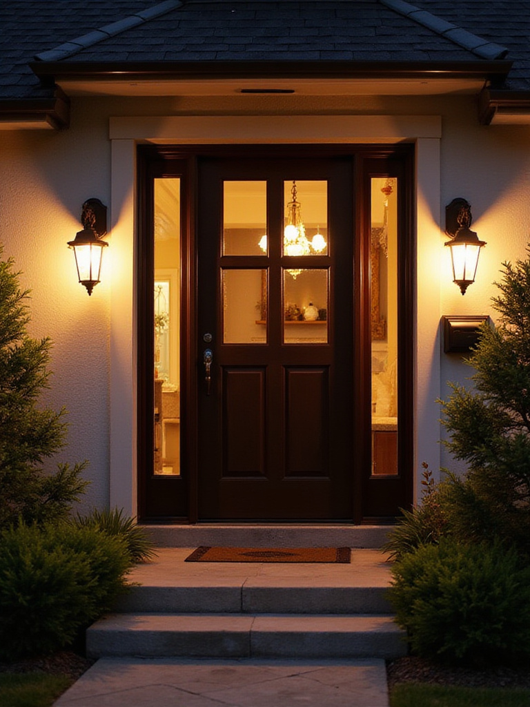 Stylish exterior lighting illuminating a front entrance with sconces and uplighting.