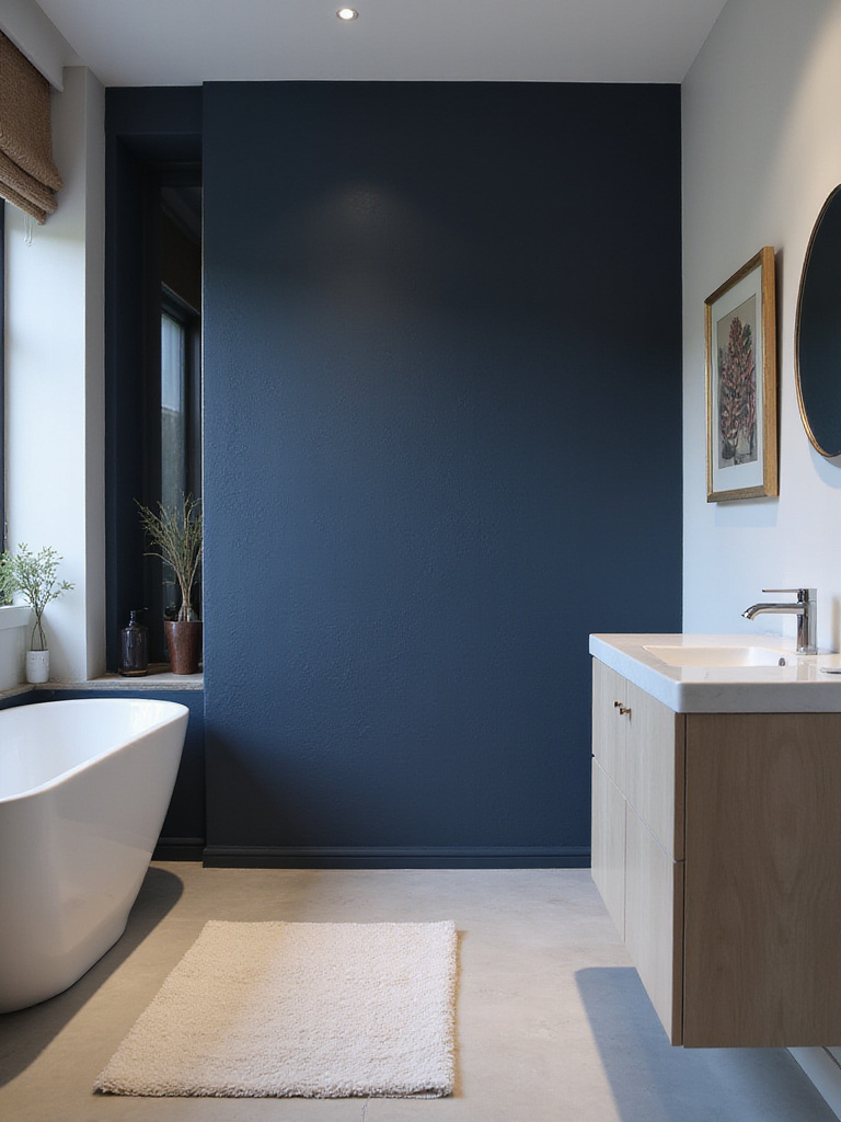 Professional photo of a bathroom with an accent wall in deep navy color, featuring elegant fixtures and minimalistic decor.
