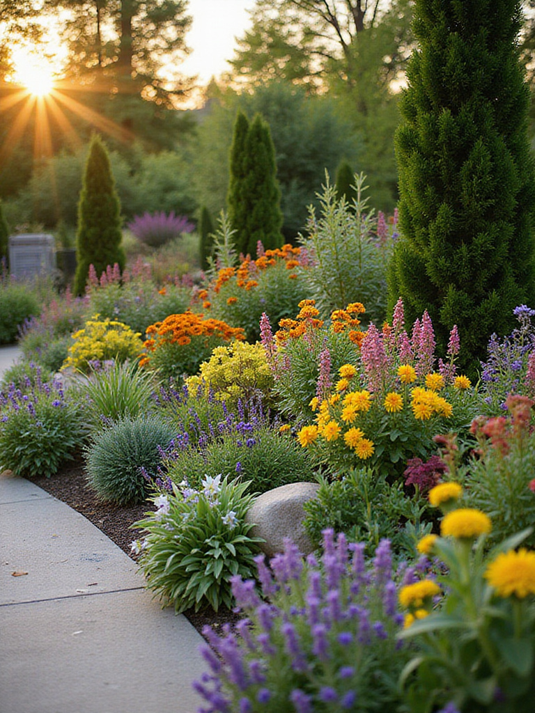 Vibrant patio garden showcasing seasonal color with diverse plants in full bloom.