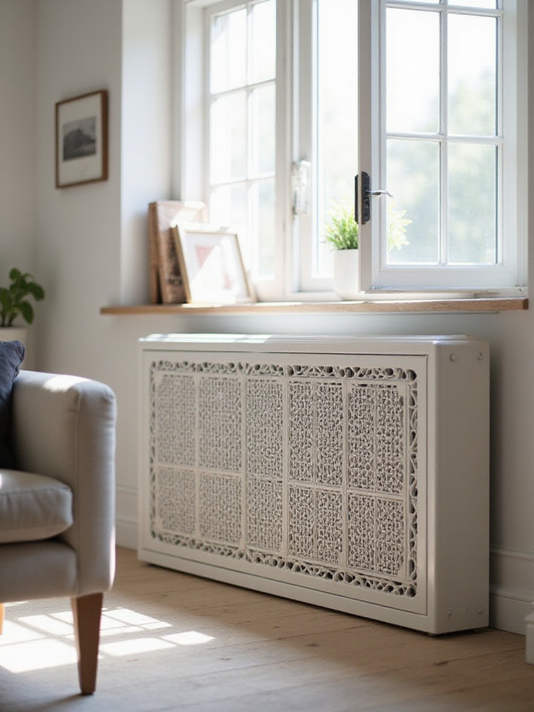 Stylish radiator cover in a modern living room, beautifully concealing an unsightly fixture.