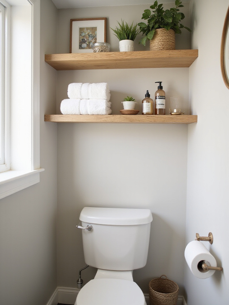 Stylish budget-friendly shelving above a toilet in a modern bathroom, showcasing towels and decor.