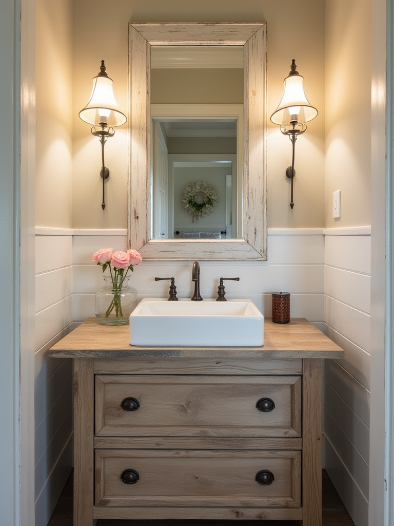 Cozy rustic farmhouse bathroom with shiplap walls and vintage fixtures