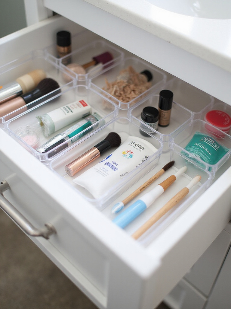 Organized bathroom drawer with clear acrylic dividers filled with small items.