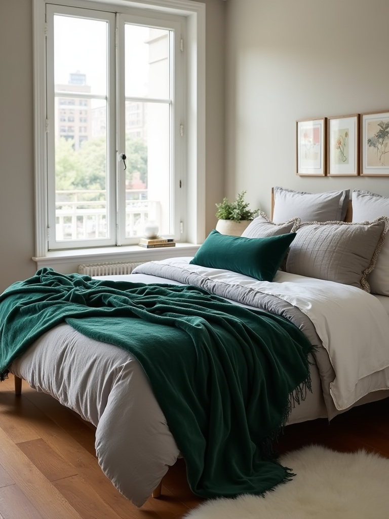 A well-styled apartment bedroom featuring layered linens and decorative pillows.