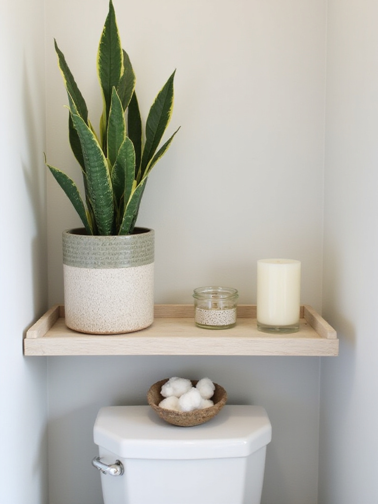 A beautifully decorated bathroom shelf over a toilet with plants and decor.