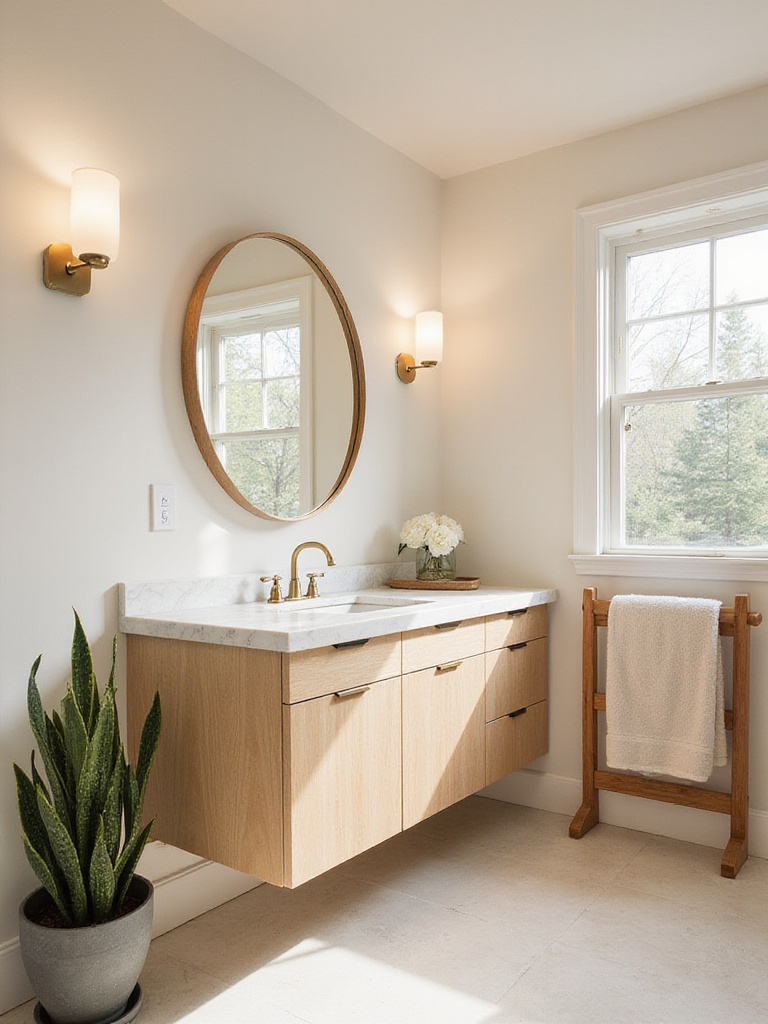 Cozy Scandinavian bathroom design featuring a light birch floating vanity and warm lighting