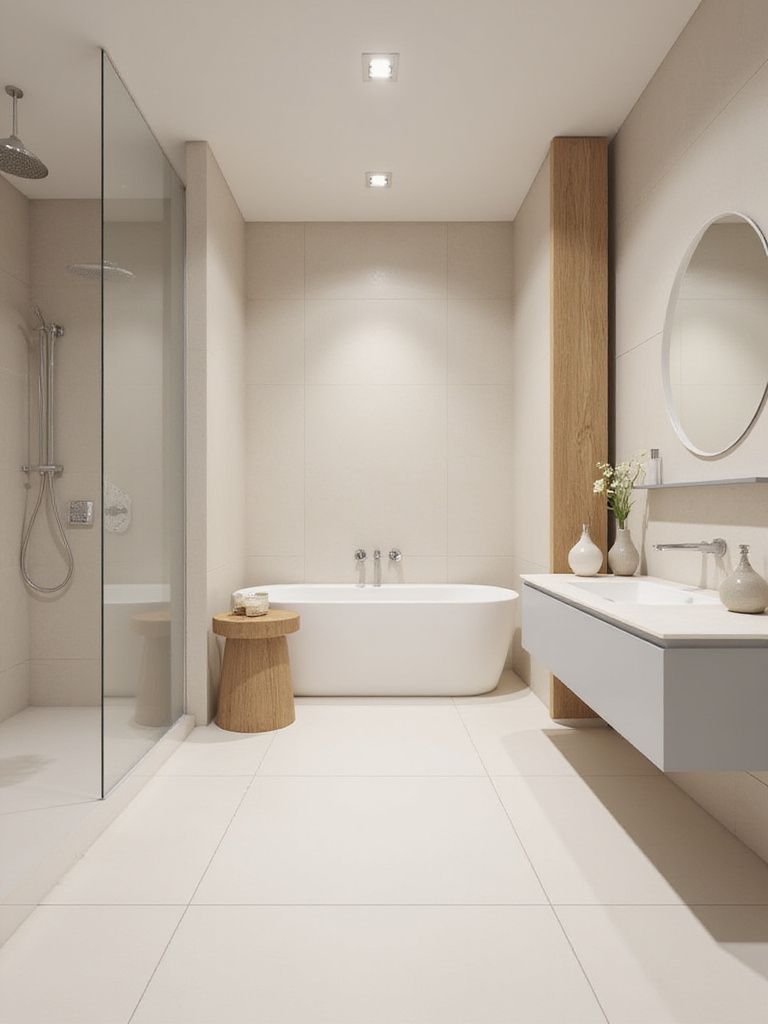 Modern bathroom with minimalist color palette featuring soft beige walls and white tiles