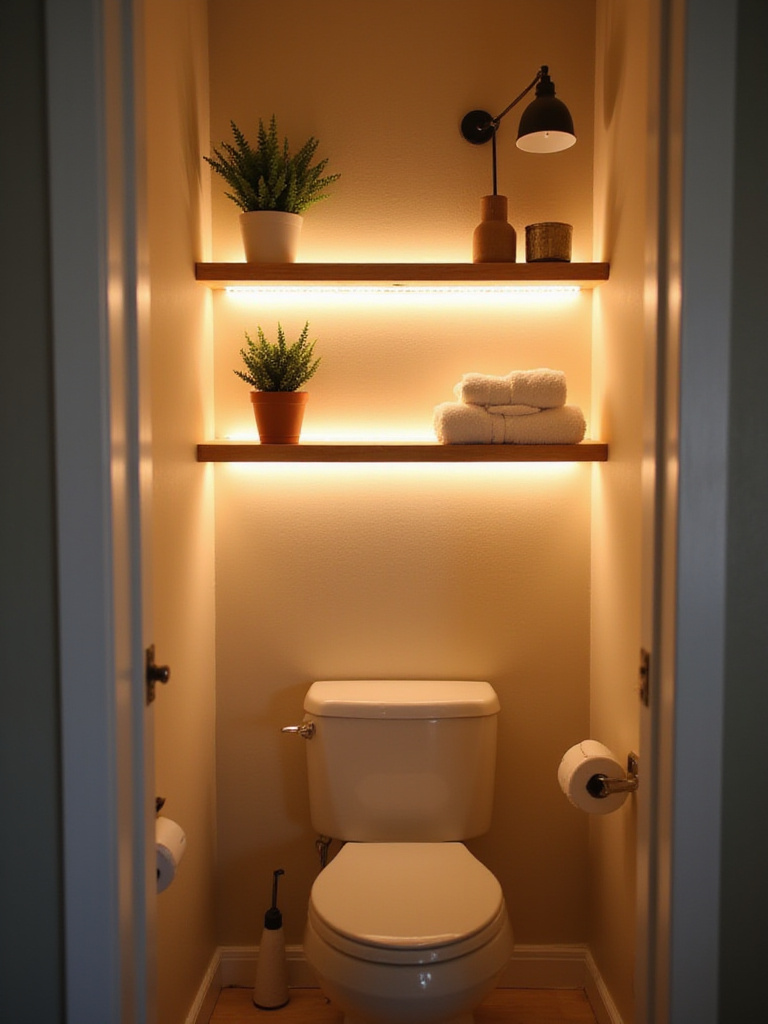Bathroom shelf over toilet with integrated lighting solutions creating a warm ambiance.