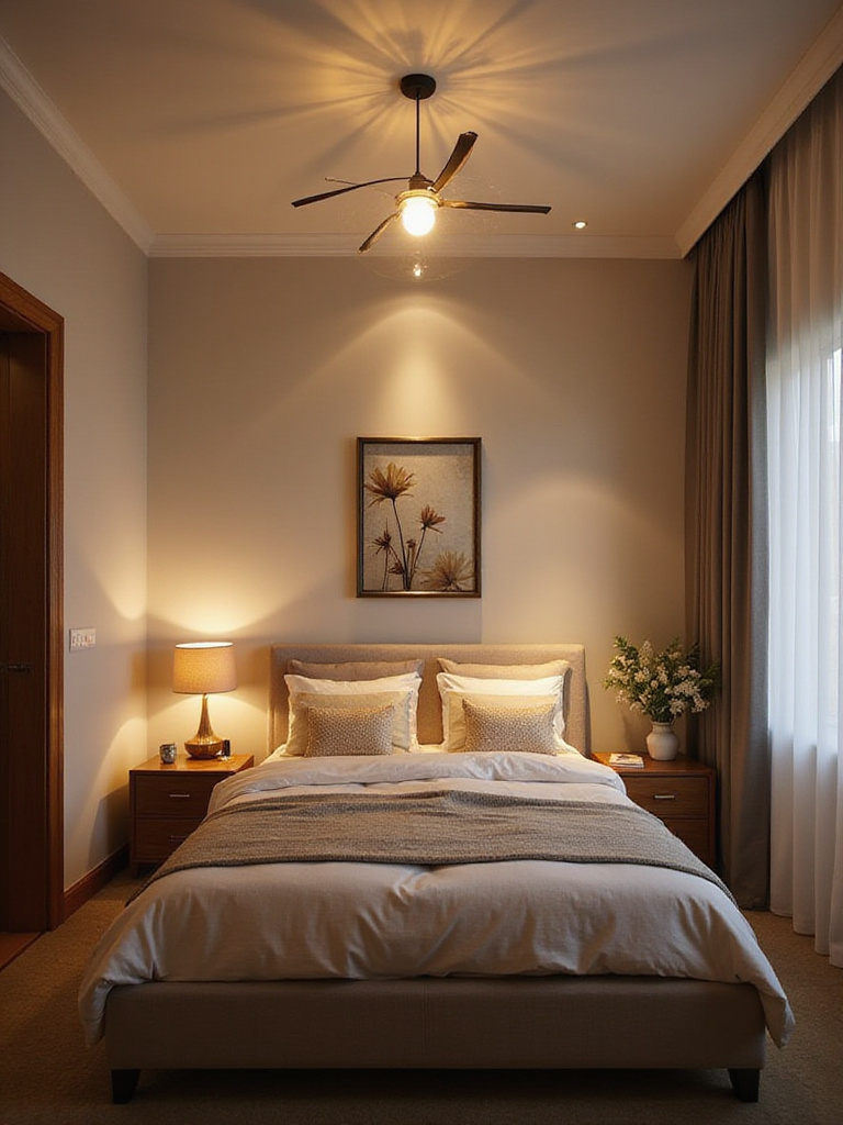 A cozy apartment bedroom with layered lighting solutions showcasing ambient, task, and accent lighting.