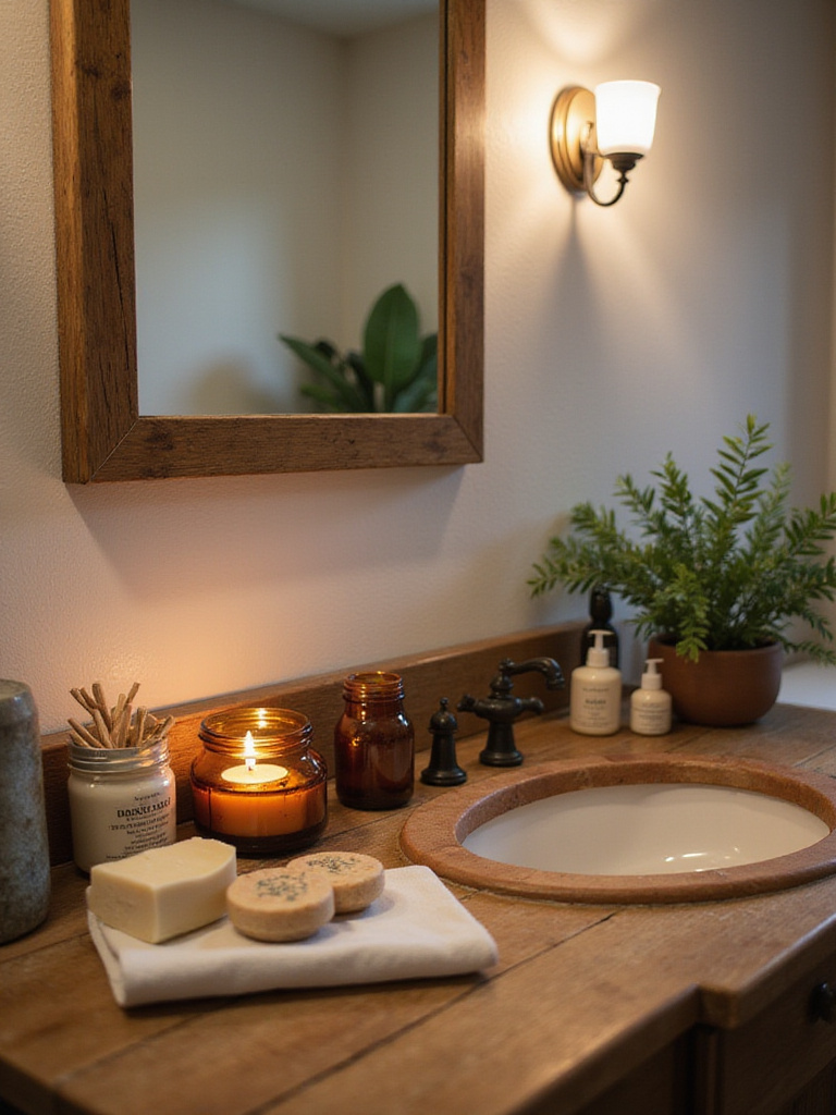 Serene farmhouse bathroom with scented candles and artisan soaps.