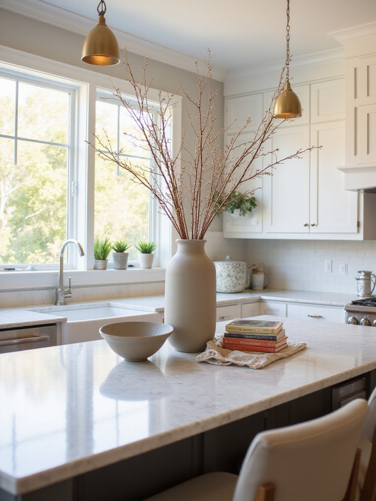 Stylish kitchen island decorated with balanced decor items for optimal scale.