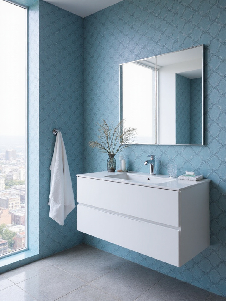 Sleek modern bathroom with contemporary blue wallpaper and minimalist fixtures.