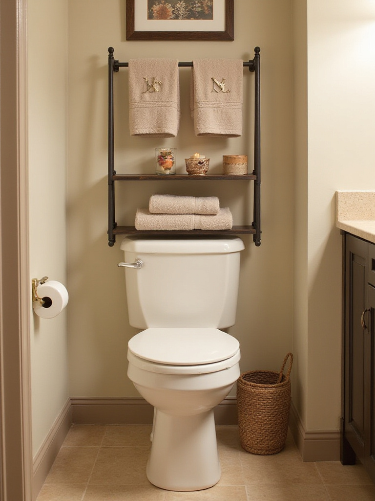 A securely installed over-toilet shelf in a stylish bathroom with organized towels and decor.