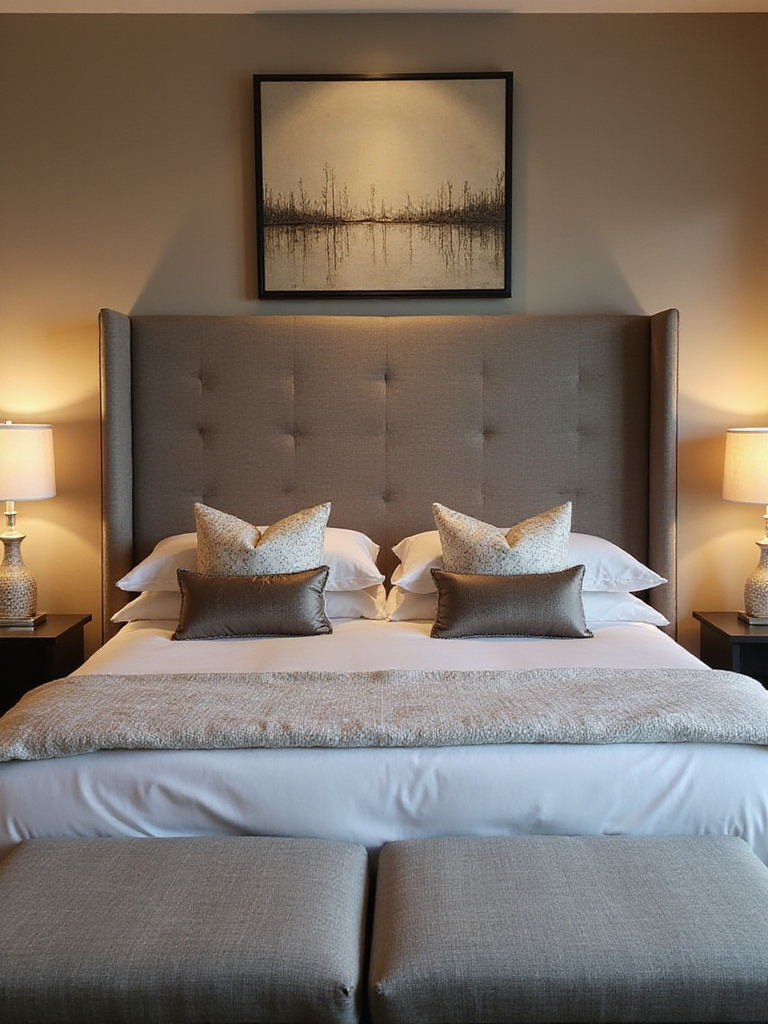 A cozy bedroom with a dramatic headboard as the focal point, well-lit and inviting.