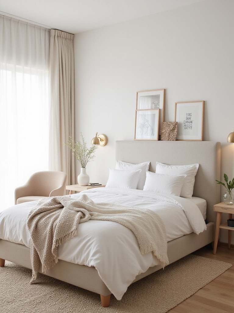 A beautifully styled minimalist-modern bedroom with cohesive decor elements.