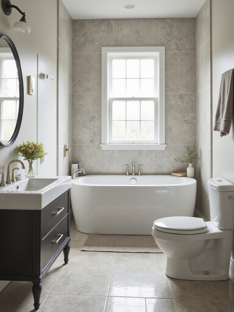 A well-lit bathroom with stylish fixtures and materials showcasing budget-friendly choices.