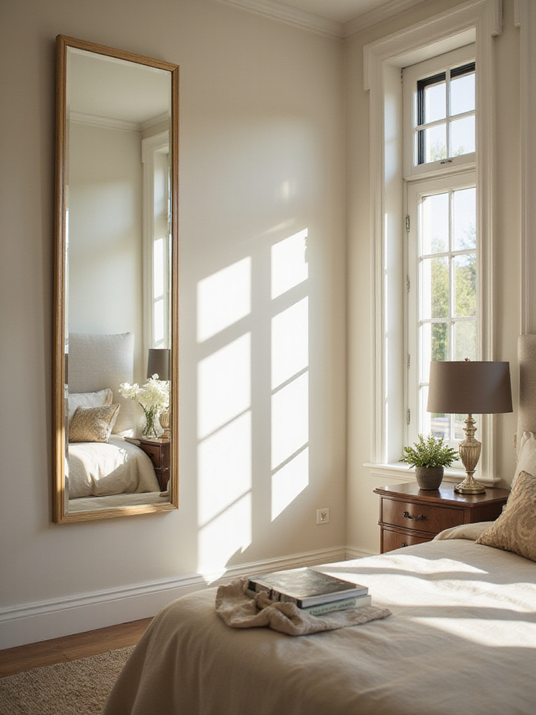 A beautifully decorated bedroom with a large mirror reflecting natural light, creating a spacious atmosphere.