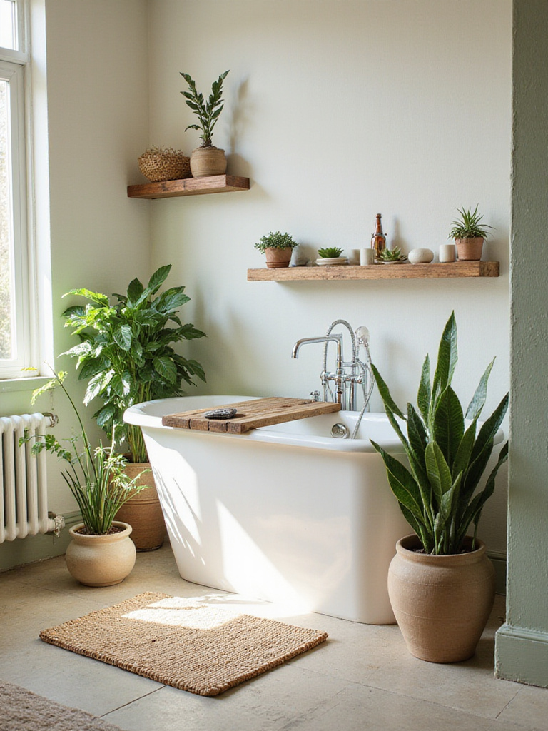 Boho Chic bathroom decor with natural textures and greenery
