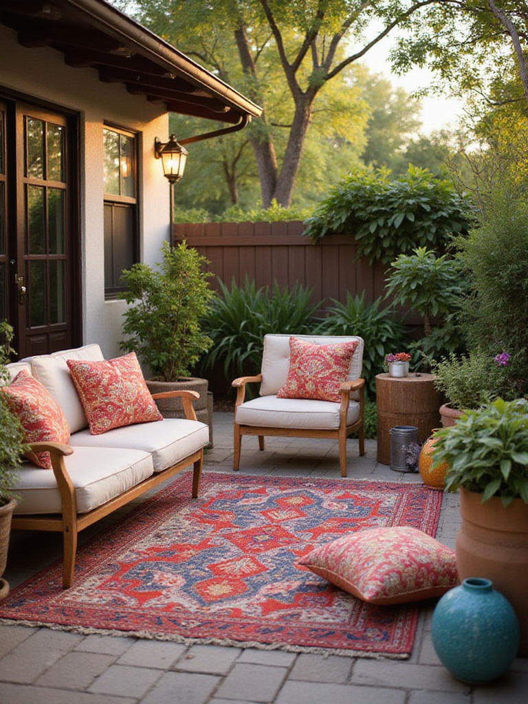 A beautifully styled outdoor patio with decorative accents including rugs, pillows, and plants.