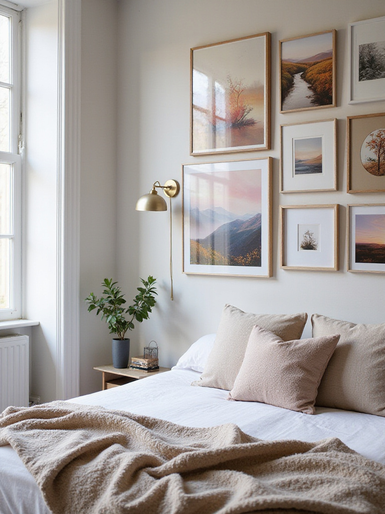 Stylish bedroom with a gallery wall of diverse wall art
