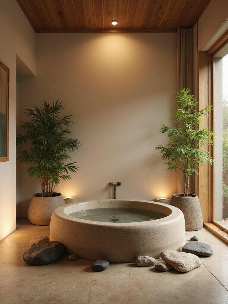 Zen-inspired bathroom with a soaking tub and natural elements