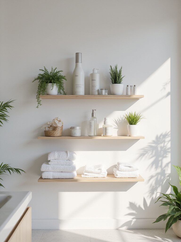 Stylish bathroom with floating shelves displaying toiletries and decorative items