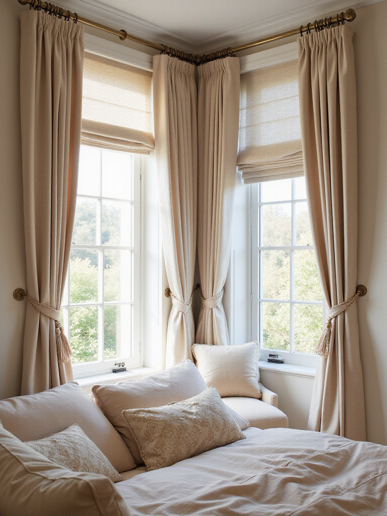 Elegant bedroom with curtains and blinds for privacy and style control