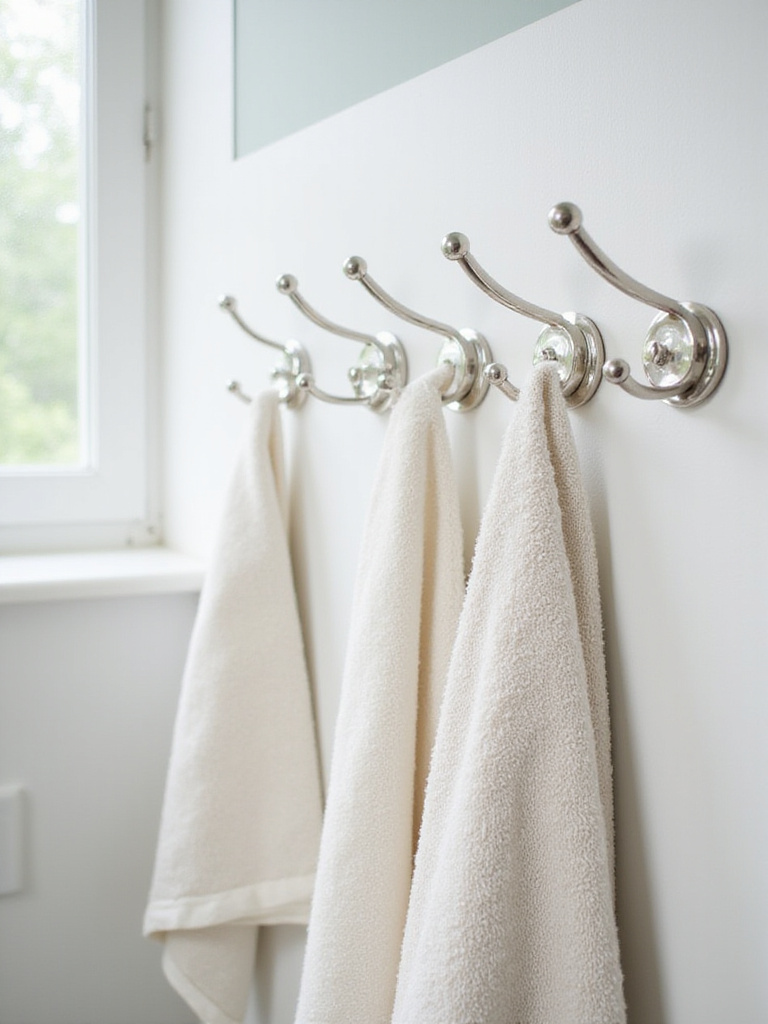 Organized bathroom with multiple stylish towel hooks on a white wall