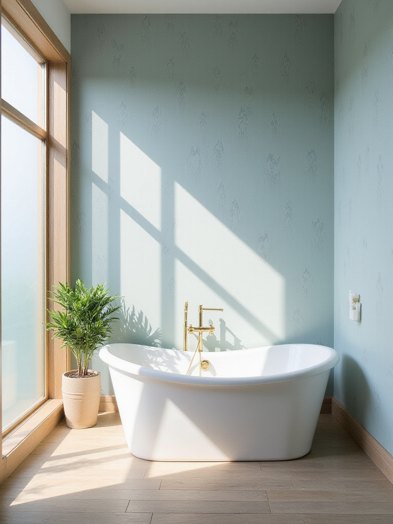 A calming bathroom with soft blue wallpaper, a freestanding bathtub, and natural light.