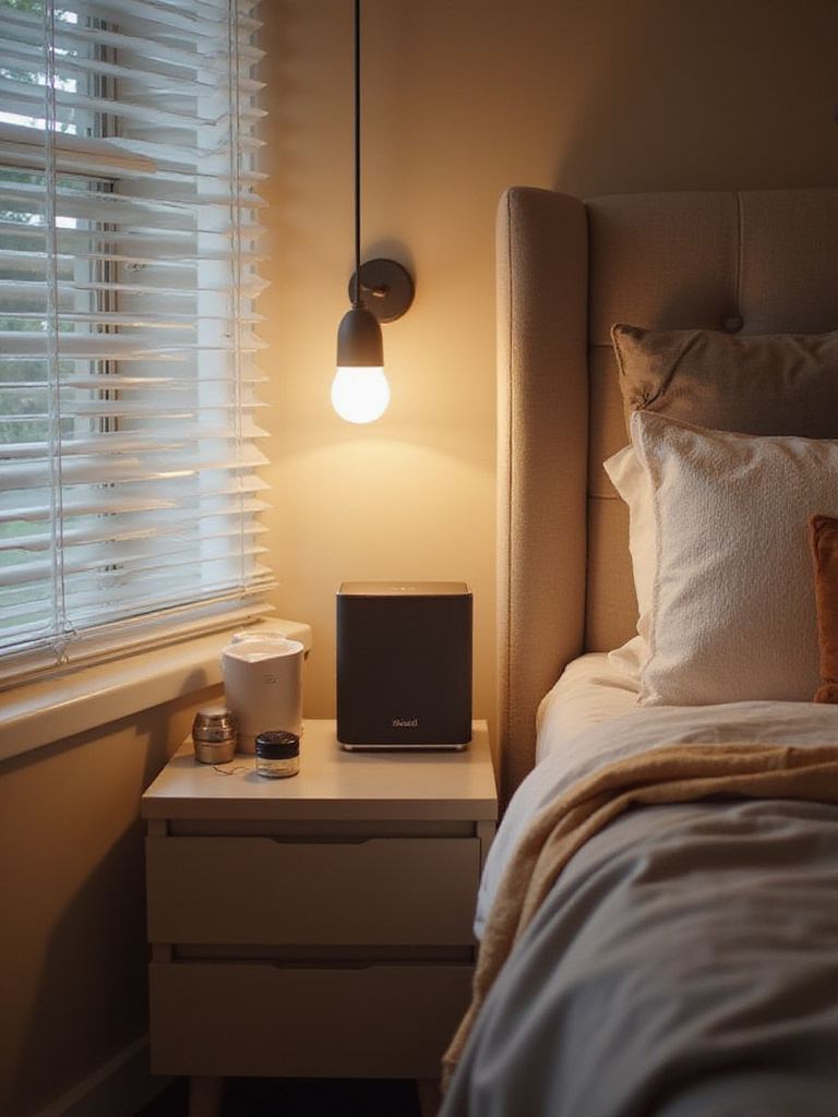 Modern bedroom featuring smart home devices for convenience and comfort.