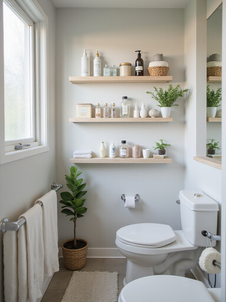 Organized bathroom with smart storage solutions including floating shelves and decorative items.