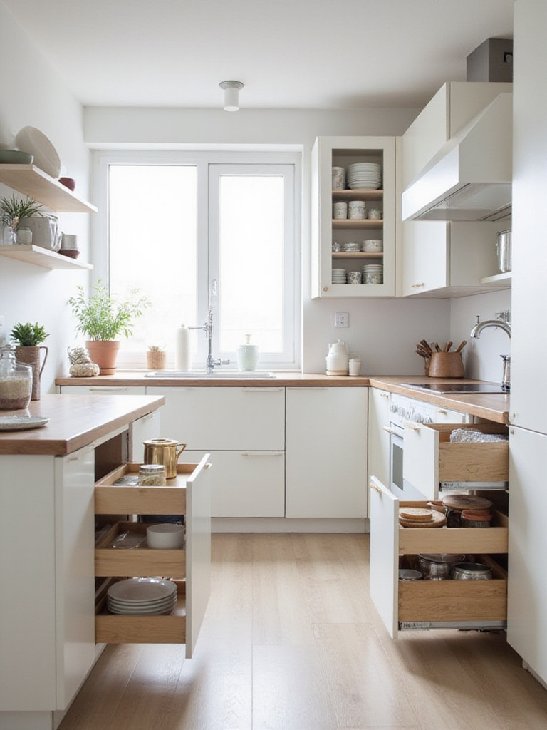 Scandinavian kitchen with smart storage solutions, organized countertops, and bright natural lighting.