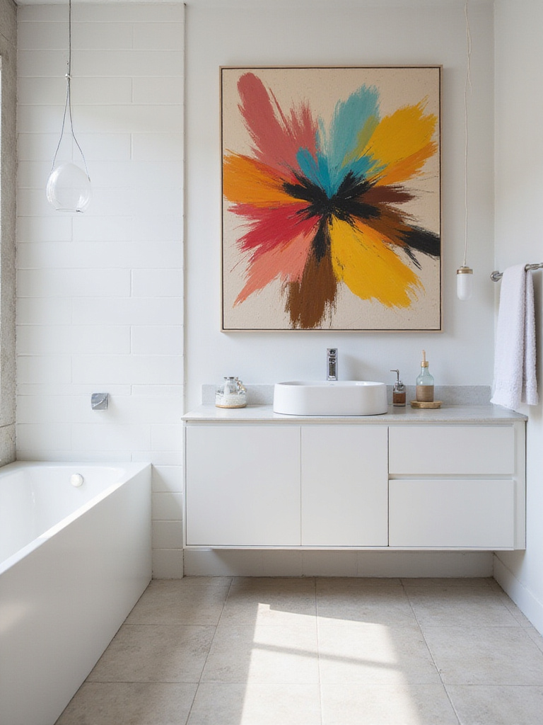 Modern bathroom with bold abstract artwork on the wall