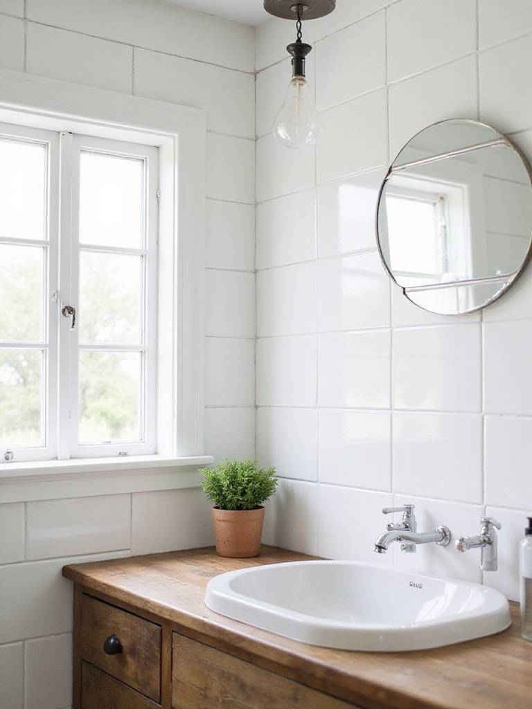 Farmhouse bathroom featuring glossy white subway tiles and rustic wood vanity.