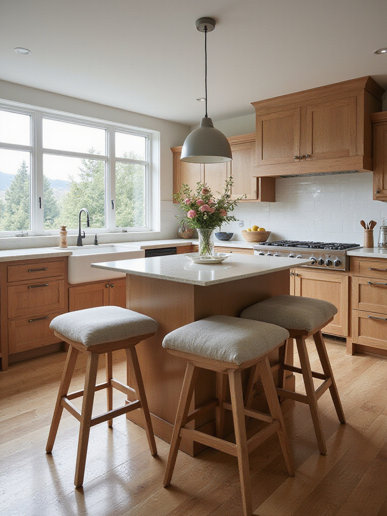Modern kitchen island with comfortable upholstered stools and natural lighting