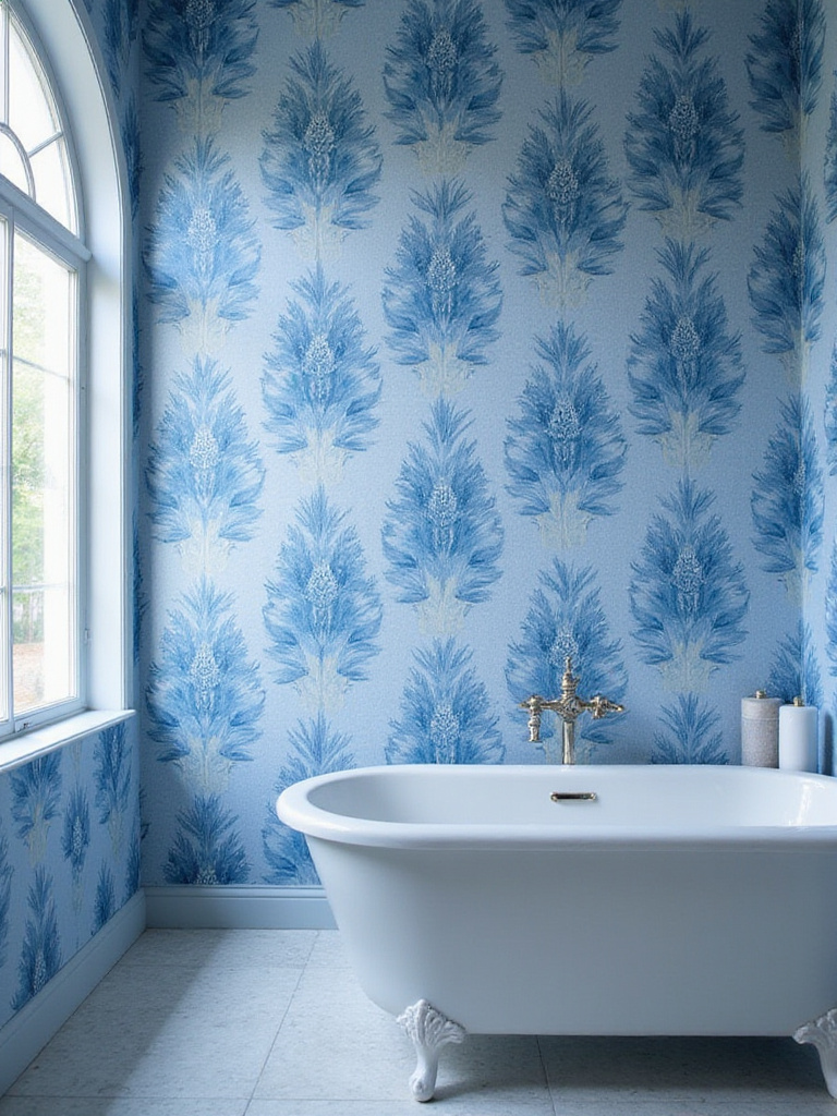 Flawless blue wallpaper installation in a modern bathroom