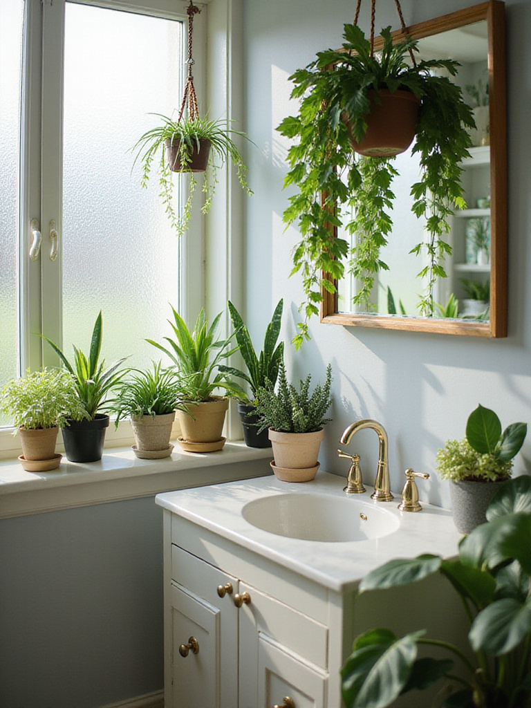 A serene bathroom filled with low-maintenance greenery, showcasing plants like Snake Plants and Pothos.