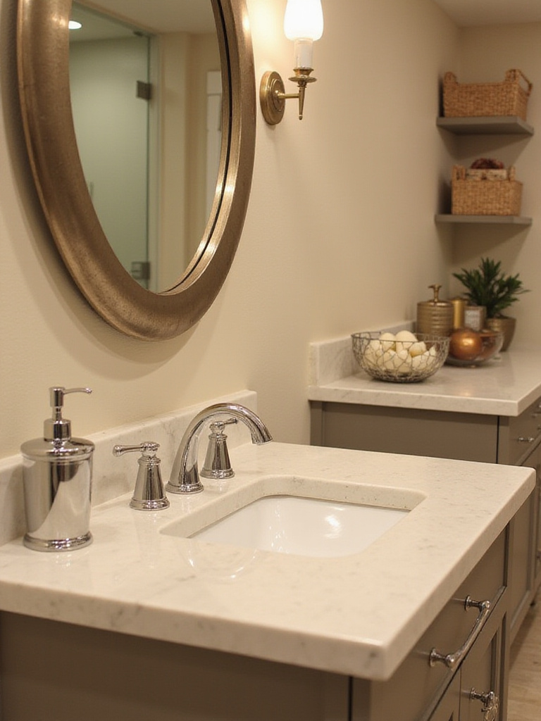 Elegant bathroom with metallic accents including chrome fixtures and a brass-framed mirror.