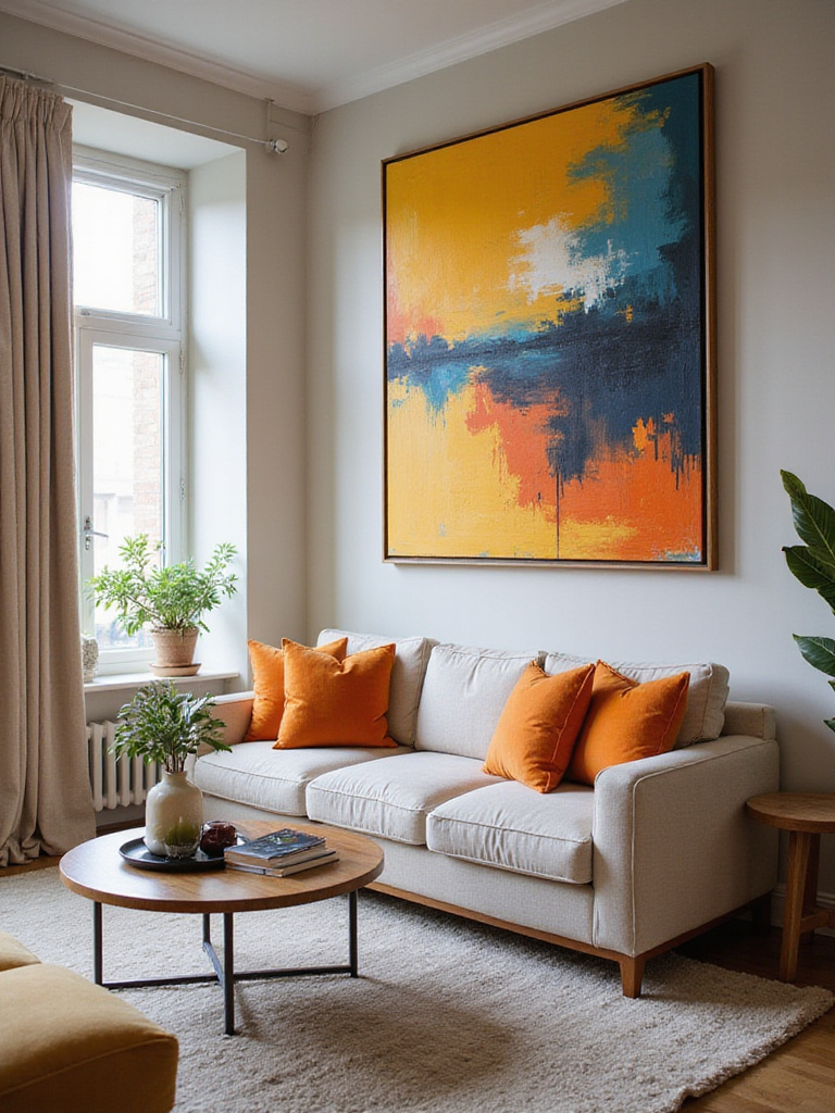 Living room with a large abstract painting serving as a focal point above a stylish sofa.