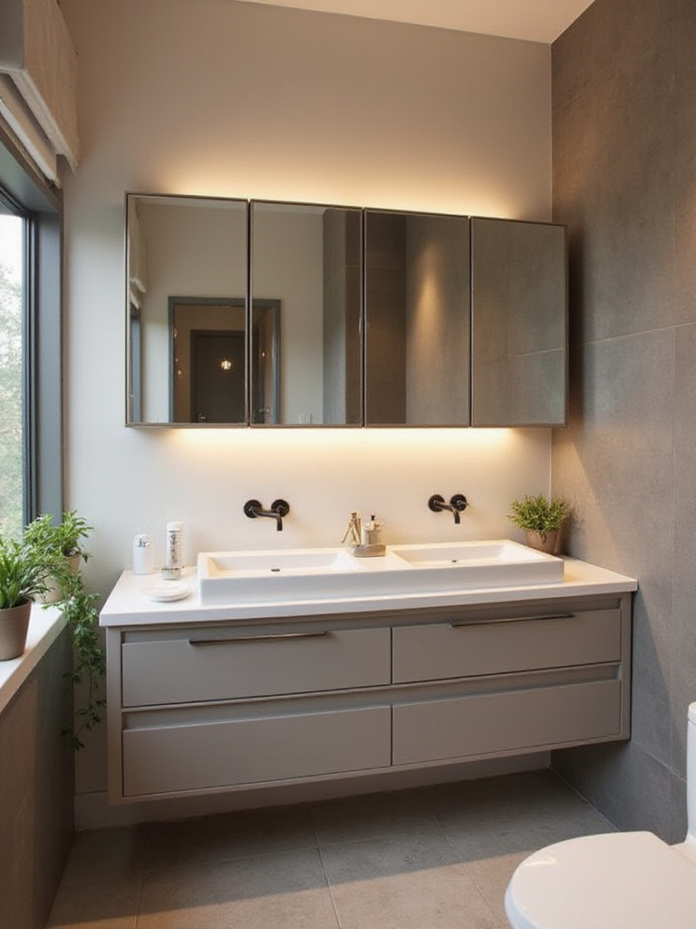 Modern bathroom with mirrored cabinets reflecting ambient light