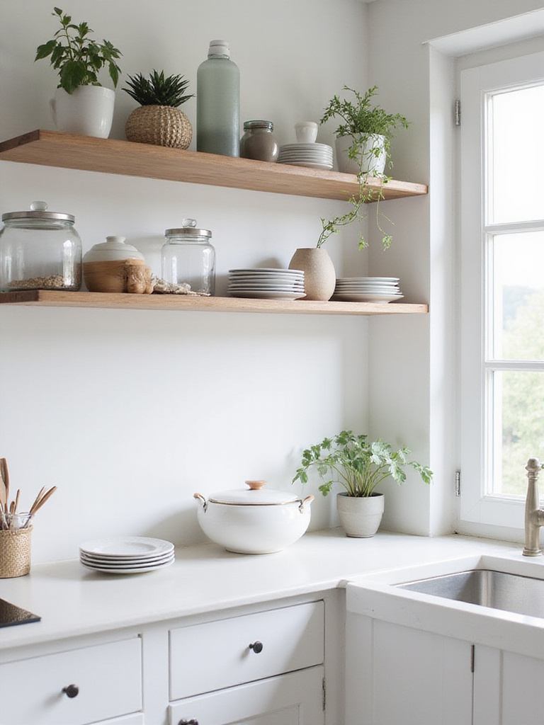 Scandinavian kitchen with open shelving displaying curated items