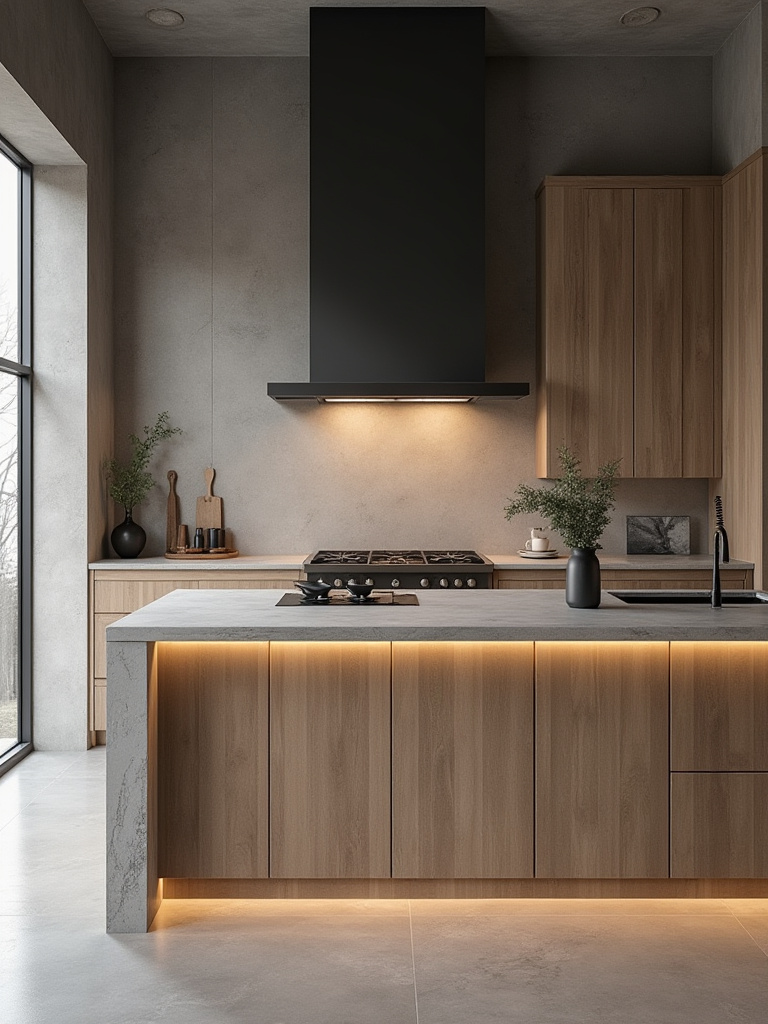 Scandinavian kitchen with concrete and stone accents, warm lighting, and modern design elements.