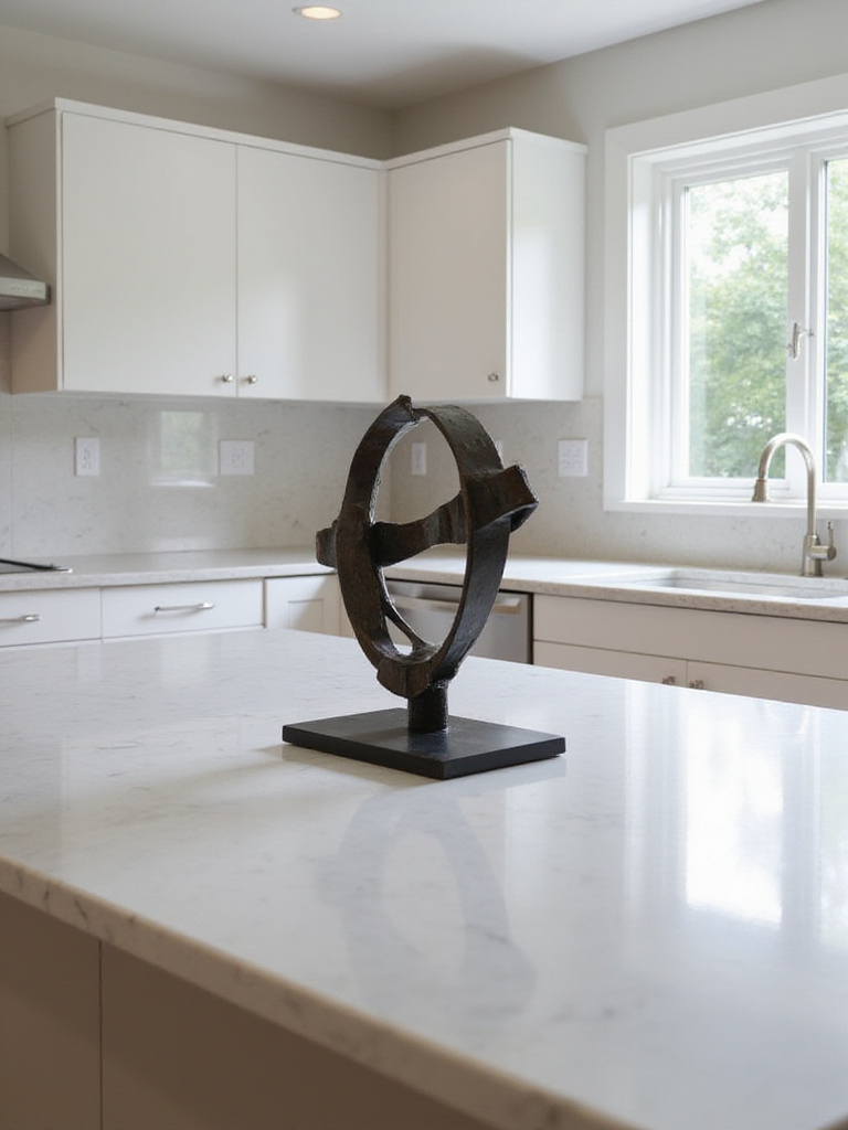Modern kitchen island with dark bronze abstract sculpture on white quartz