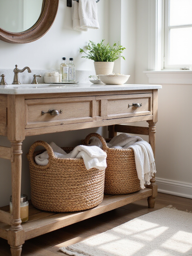 Farmhouse bathroom with woven baskets for organization
